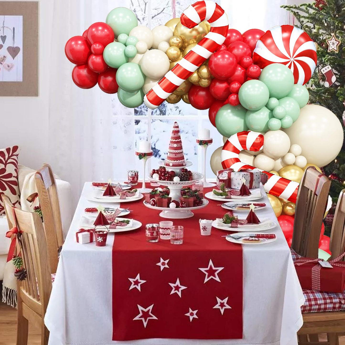 Christmas Balloons Arch Red Green White Gold Balloons Garland with Candy Cane Crutch Foil Balloon Xmas Birthday Party Decorations Lollipop Balloon Metallic Beige Latex Helium New Year Decor Supplies