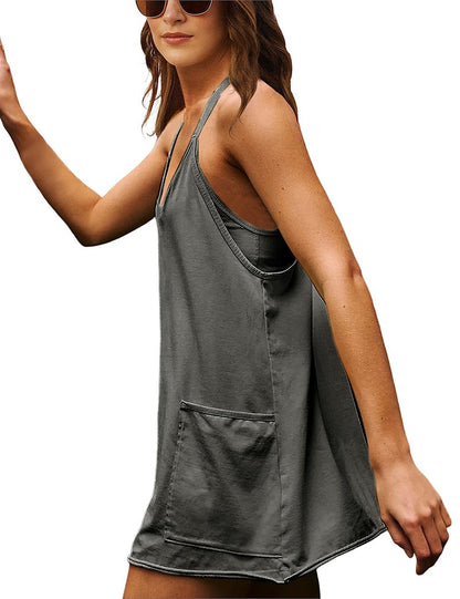 Lentta Womens Athletic Sleeveless Mini Dress with Built-in Shorts V Neck Spaghetti Strap Sundress(Darkgrey-XS)