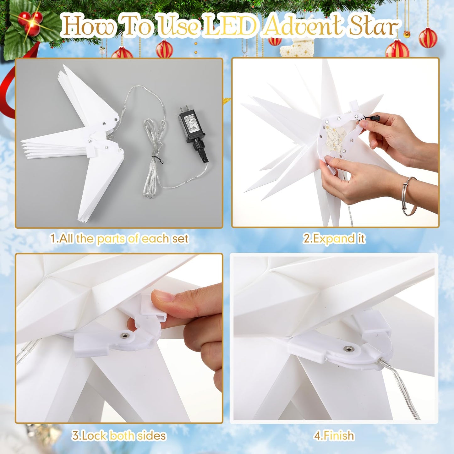 Kittmip 4 Pack Large LED Moravian Star Light Hanging Outdoor Christmas Warm White Porch Pendant Light Holiday Decoration for Christmas Trees Balconies Courtyards Advent Star (15.8''+19.7")