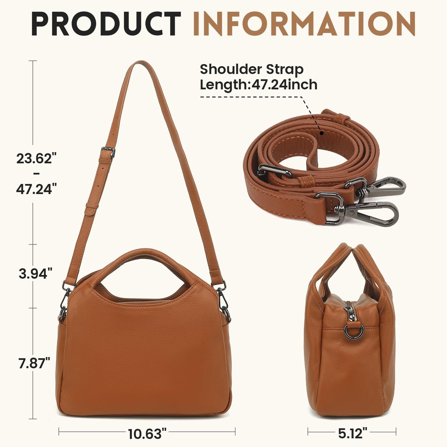 KOGTLA Genuine Leather Purses for Women with Detachable Satchel Strap, Ladies Handbags, Tote Hobo Bags Brown