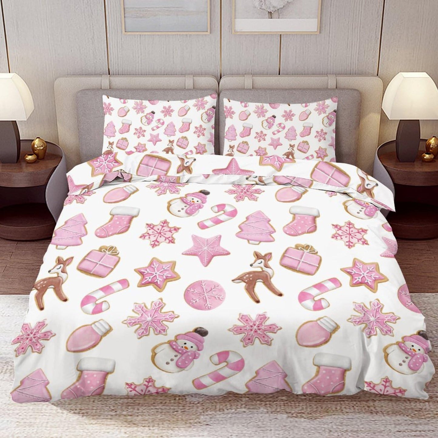 Delerain Comforter Cover Set Queen Size, Pink Christmas Gingerbread Cookies 3-Piece Bedding Set for Women Men Modern Soft Microfiber Bedroom Set Room Decor, 1 Duvet Cover + 2 Pillowcases