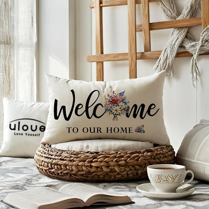 Patriotic Welcome Throw Pillow Covers 12 x 20 Inch Farmhouse Summer Holiday Decorative Lumbar Pillowcases Flowers Cushion Covers for Front Porch Decor Housewarming Gifts (Blue/Red)