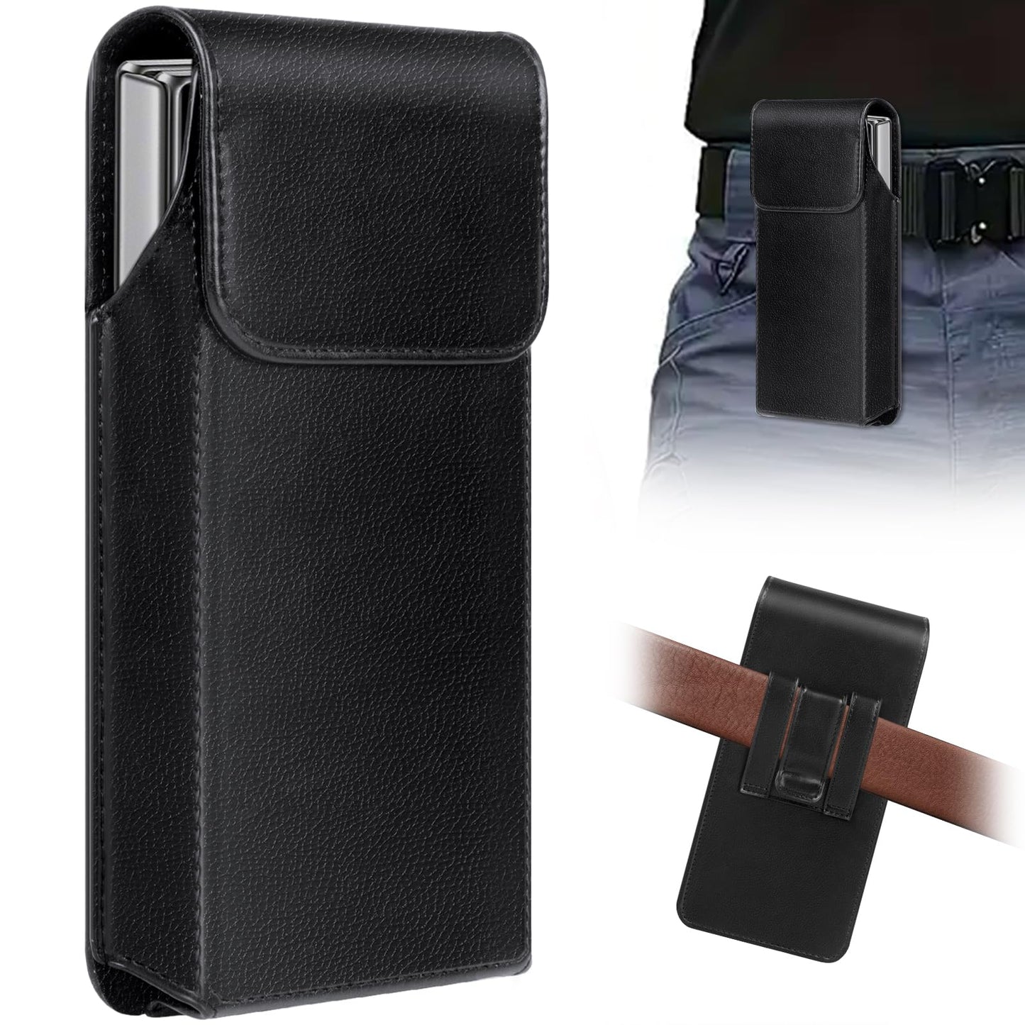 Leather Phone Holster for Samsung Galaxy Z Fold 7/6/5/4/3 Case with Belt Clip for iPhone 16/15/14/13 /12/11 Pro Max & Galaxy S26/S25/S24/S23 Ultra Cover Carrying Pouch Card Holder(V Black)