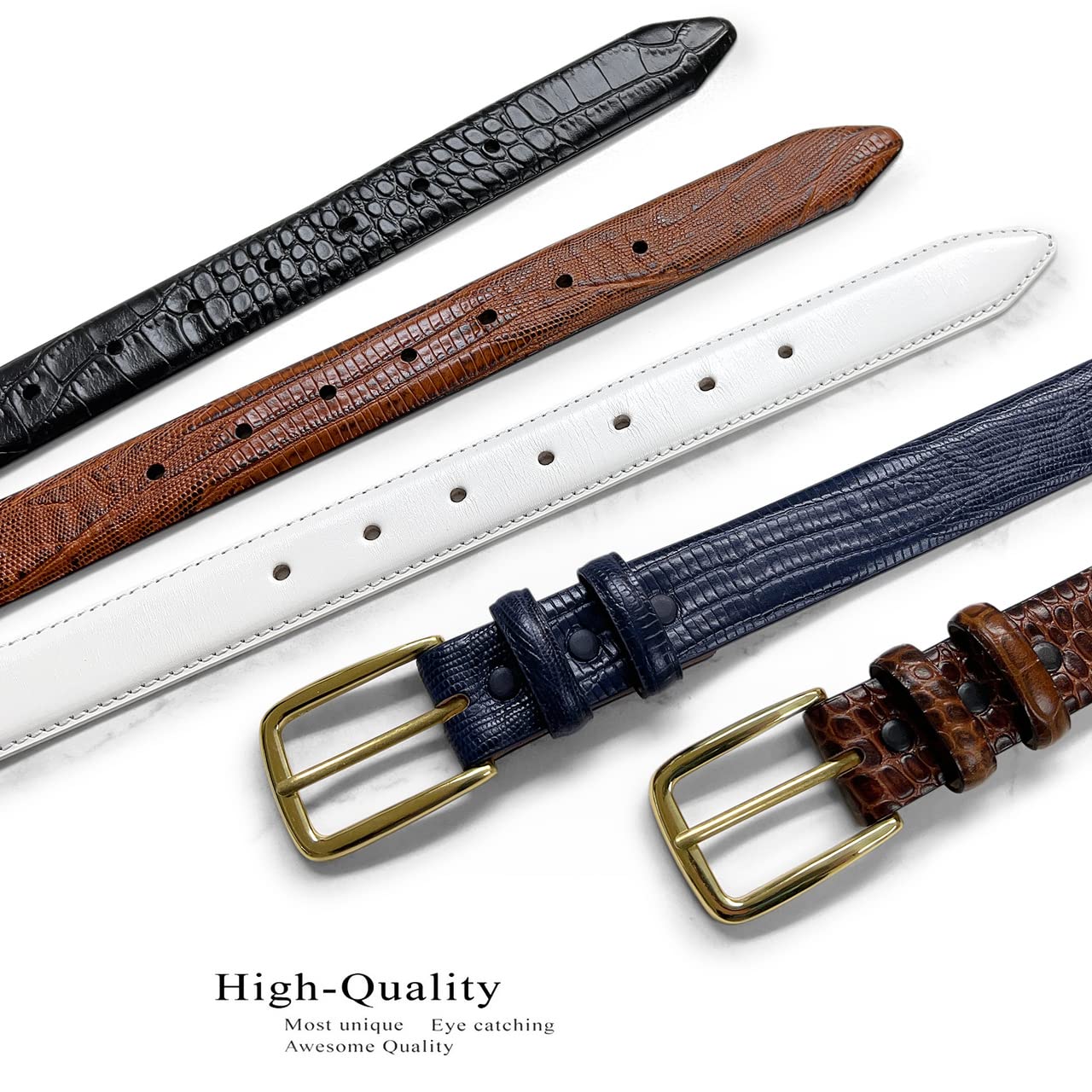 Andrew Men's Dress Belt Solid Brass Buckle (Gold) Italian Calfskin Genuine Leather Dress Belt 1-1/8"(30mm) Wide (Alligator Black, 36)