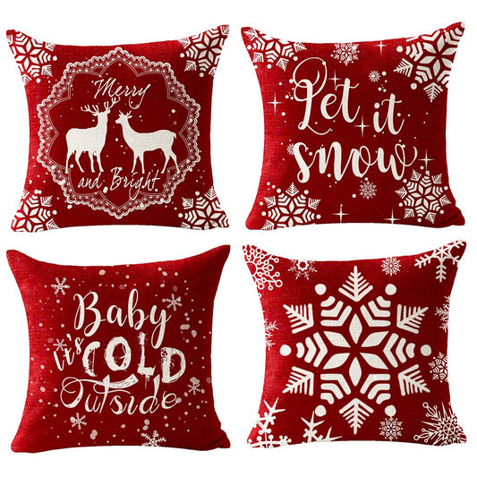 Andreannie Set of 4 Merry Christmas Snowflake Let It Snow Baby It's Cold Outside Red Deer Cotton Linen Decorative Pillow Cover Cushion Case for Sofa Bed Couch Home Decor Square 18 inches