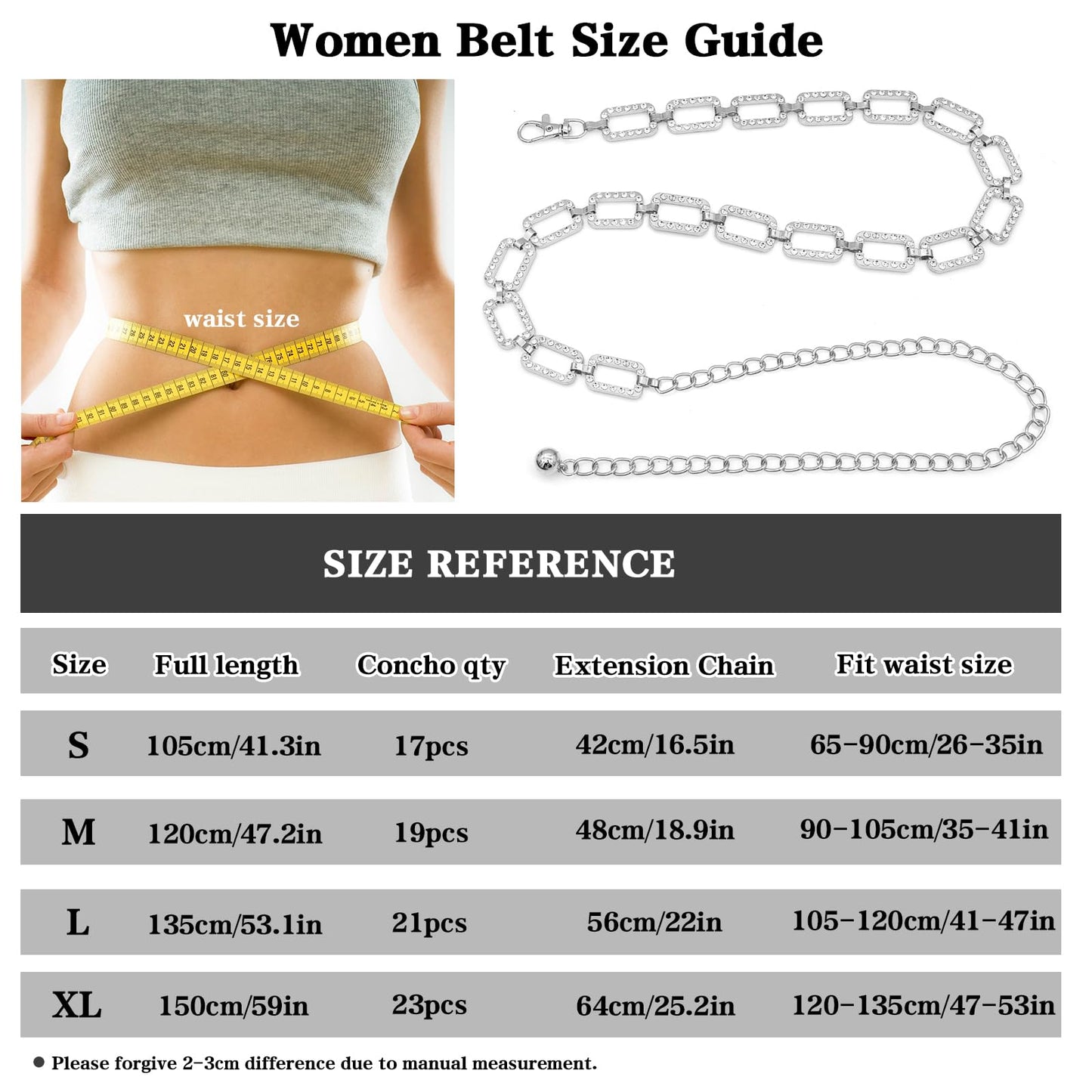 LIMHOO Metal Waist Chain for Women Rhinestone Chain Belt Crystal Waist Belt for Dress (Square-Silver-S)