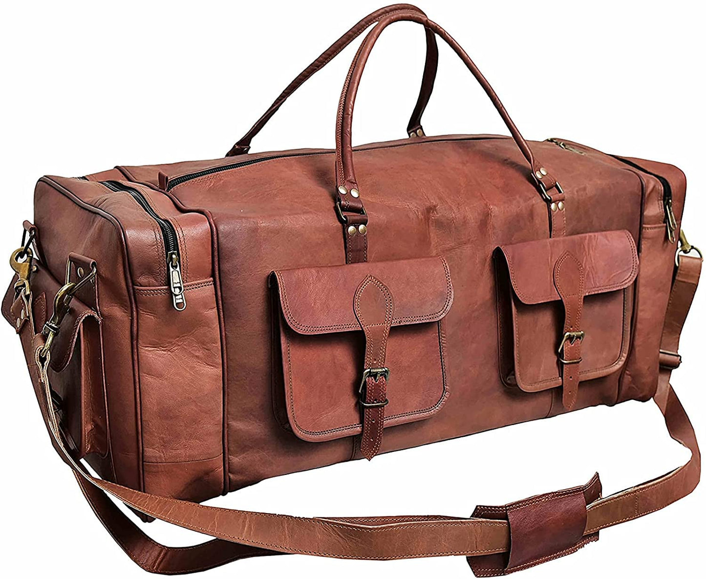 KK's 30 Inch Real Goat Vintage Leather Large Travel Duffel Luggage Handmade, Gym, Hiking vintage brown Holdall Carry All Genuine Duffel Bag, Size 30" Inch