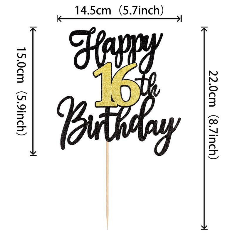 1 PCS Happy 16th Birthday Cake Topper Black Gold Glitter Cheers to 16 Years Birthday Cake Pick 16 Fabulous Cake Decoration for Happy 16th Birthday Anniversary Party Cake Decorations Supplies