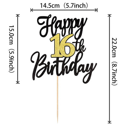 1 PCS Happy 16th Birthday Cake Topper Black Gold Glitter Cheers to 16 Years Birthday Cake Pick 16 Fabulous Cake Decoration for Happy 16th Birthday Anniversary Party Cake Decorations Supplies