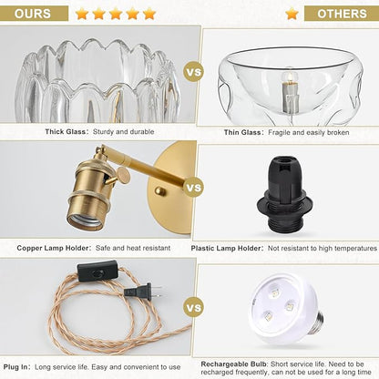 Plug in Wall Sconces Set of 2, Vintage Wall Sconce with Tulip Transparent Glass Lampshade, 180° Adjustable Wall Sconce with Switch and Plug in Wall Lamp Cord, Gold Wall Light Wall Decor Set of 2