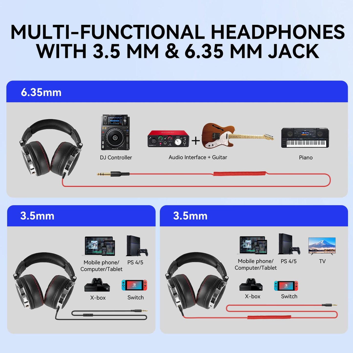 OneOdio Hi-Res Over Ear Headphones for Studio Monitoring and Mixing, Sound Isolation, Protein Leather Earcups, 50mm Driver Unit, Wired Headphones for AMP Guitar Keyboard (Pro-50 Black)