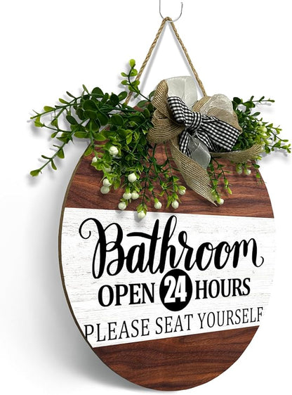 Bathroom Door Sign Bathroom Open 24 Hours Please Seat Yourself Hanging Sign With Wreath And Bow Rustic Farmhouse Round Wooden Front Door Sign for All The Seasons Bath Room Decor 12x12 Inch