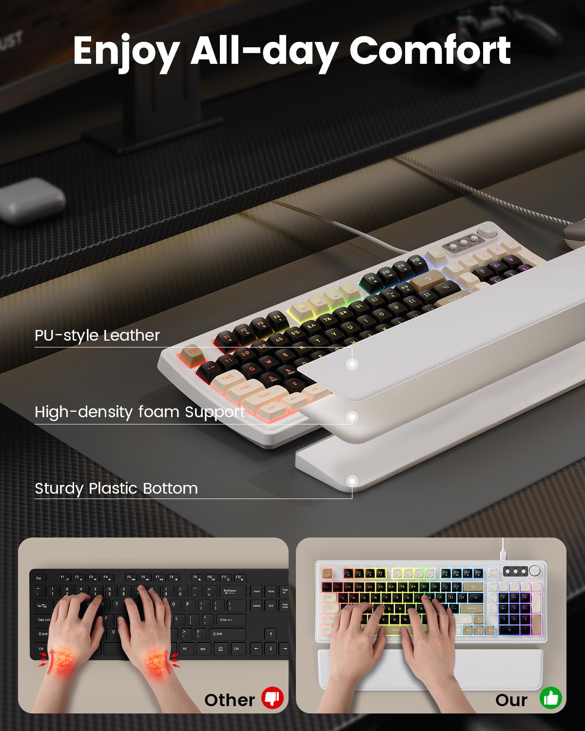 SABLUTE Wired Gaming Keyboard and Mouse, RGB Backlit Mechanical Feel PC Gaming Keyboard with Multimedia Knob & Anti-Ghosting Ergonomic Premium Leather Wrist Rest for Game (White)