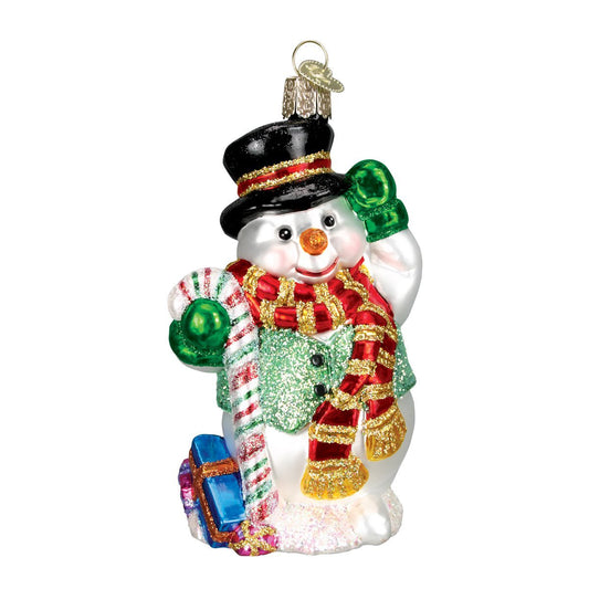 Old World Christmas Candy Cane Snowman Glass Blown Ornament for Christmas Tree, Handcrafted Holiday Decoration, Snowman Collection