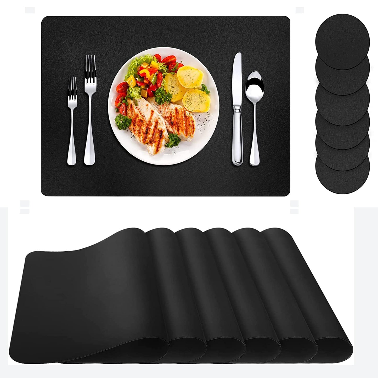 Abuzhen Faux Leather Placemats Set of 6, Place Mats with Coasters, Waterproof Wipeable Washable PU Table Mats for Dining Table and Decor, Easy to Care, Anti-Slip Place Mats (Set of 6, Rectangle Black)