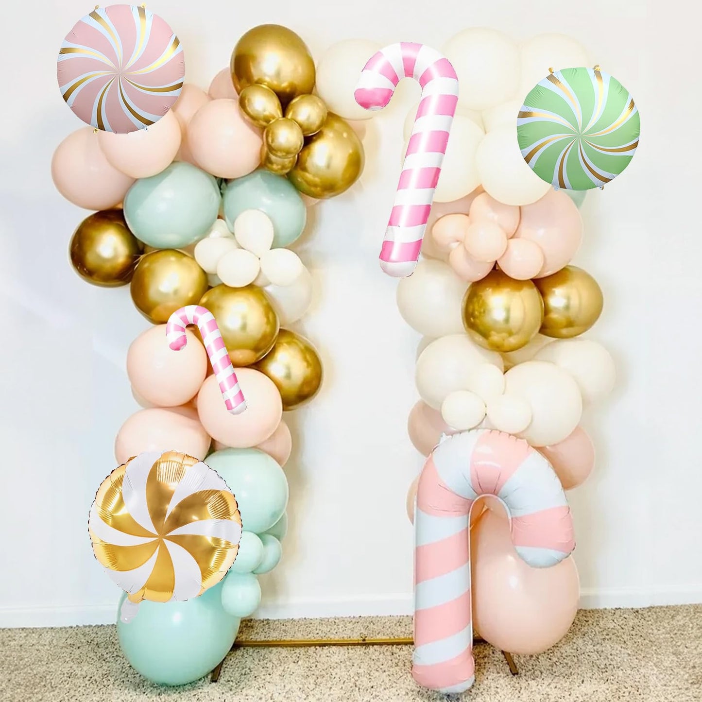 Christmas Balloons Garland Arch Kit, 125pcs Pastel Pink Green Balloon with Candy Cane Peppermint Foil Balloon for Christmas Theme New Year Xmas Holiday Birthday Party Decorations