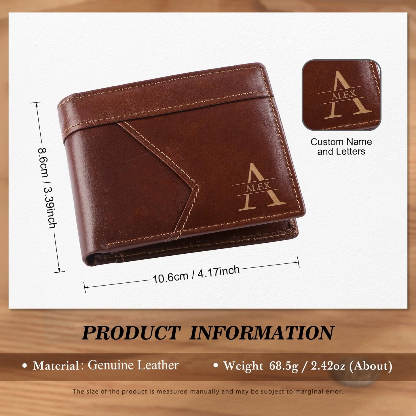 MirthfulMemento Custom Wallets for Men - Personalized RFID Genuine Leather Wallet for Men Engraved Name & initial Wallet, Dad Gifts for Fathers Day (Brown)