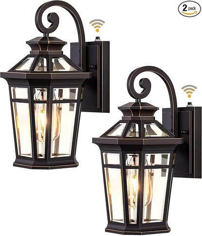 Outdoor Wall Lights Wall Mount, 2-Pack Front Porch Light Fixtures, Oil Rubbed Bronze Dusk to Dawn Exterior Lantern, Modern Patio Wall Sconce with Beveled Glass, Outside Garage Lights for Coach