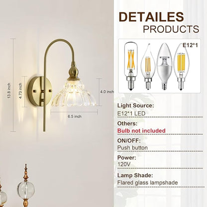 Vintage Wall Sconces with Clear Flower Glass Lampshade, Indoor Bath-Room Wall Sconce, Modern Gold Industrial Lighting Fixture for Mirror Living Room Hallway 2 Pack