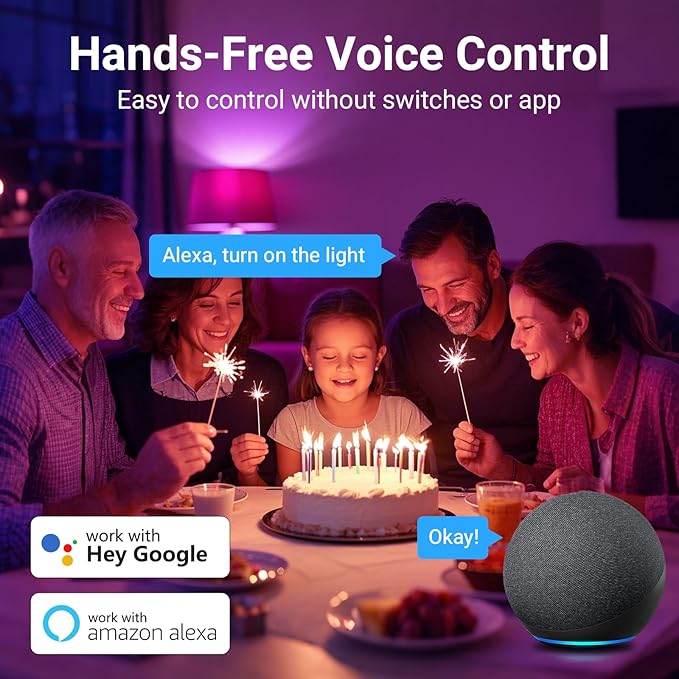 TJOY 4 Pack Smart Light Bulbs, Bluetooth WiFi Led Bulb Work with Alexa &Google Assistant, RGB Color Changing Alexa Bulbs, Music Sync, 2700K-6500K, 9W(60W Equivalent), A19 E26 800LM, 2.4Ghz WiFi only