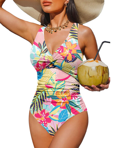 Holipick Tropical Floral Women Tummy Control One Piece Swimsuit - Push Up Bathing Suit Full Coverage Slimming Swimwear XL