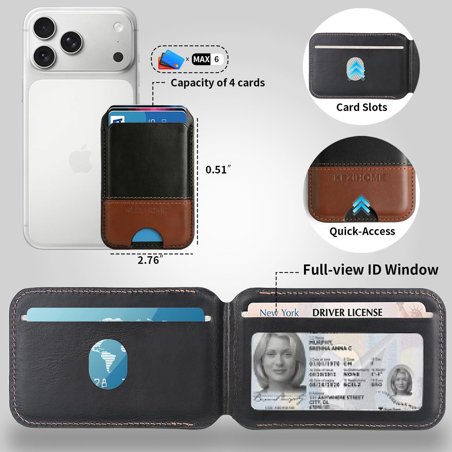 KEZiHOME for MagSafe Phone Wallet, Genuine Leather 5-6 Card Holder[RFID Blocking] with Adjustable Stand, Strong Magnetic Wallet for Men compatible with iPhone 17/16/15/14/13/12 Series (Black/Brown)
