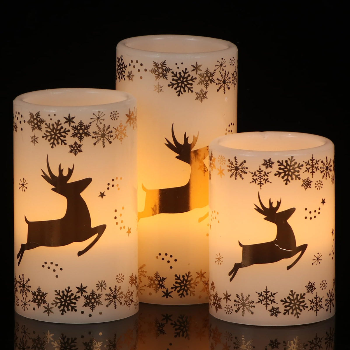 GenSwin Christmas Flameless LED Flickering Candles, Real Wax, Gold Deer, 3 Pack Pillar Fake Candles for Winter Indoor Fireplace Decor (D3' x H4'5'6')