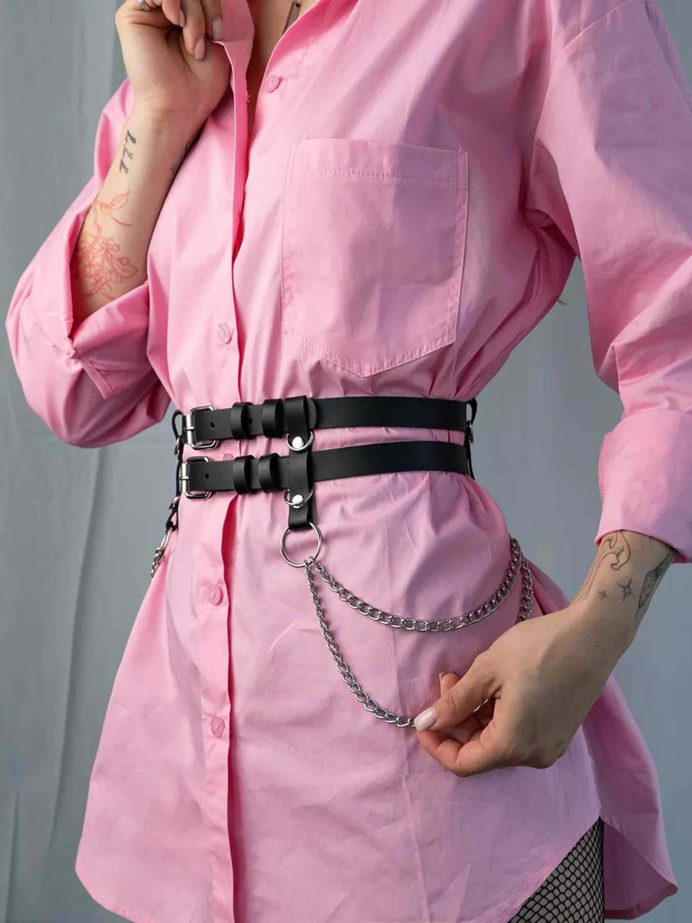 WARANDOD Adjustable PU Leather Double-Layer Chain Belt for Women, Punk Goth Waist Harness with Alloy Chains, Fashion Statement Accessory for Dresses & Outfits (Fit Waist 25.0-36.2in)