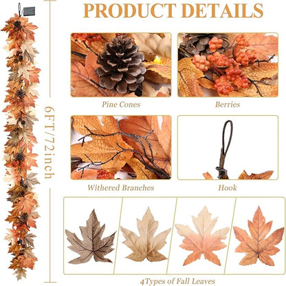 6 FT Fall Garland with Lights Timer Function Fall Leaves Garland with Berries Pine Cones Realistic Autumn Automatic ON/Off Timer Fall Decorations for Home Mantle Fireplace Porch Table