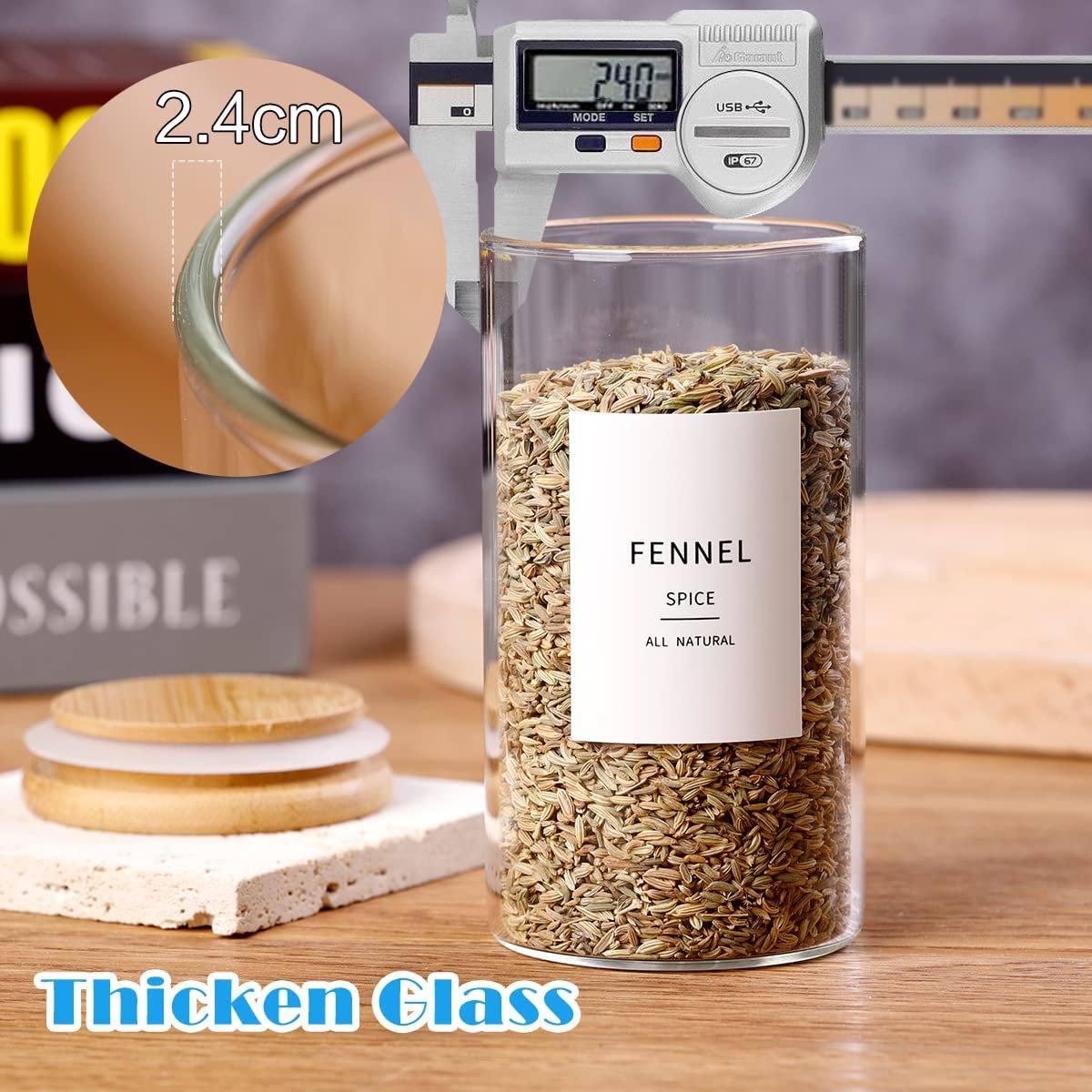 Glass Spice Jars with Bamboo Lids - 20 Pcs Thicken(2.4mm) 4oz Airtight Seasoning Containers with 131 Waterproof Minimalist Spice labels Preprinted - Small herb Jars for Pantry Organization and Storage