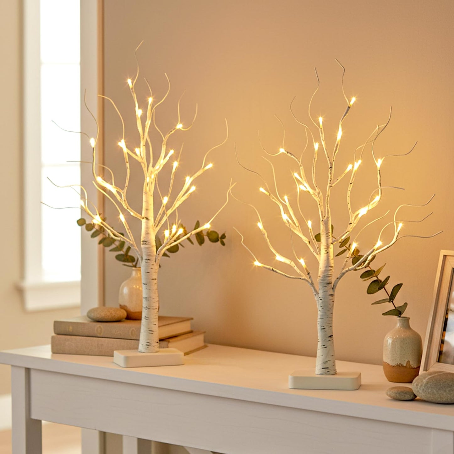 EAMBRITE Birch Tree with Led Lights, White Christmas Tree, Lighted Mini Small Artificial Tree Lamp Prelit Twig Trees Timer Battery Operated for Table Centerpiece Easter Home Decorations Indoor 2Pack