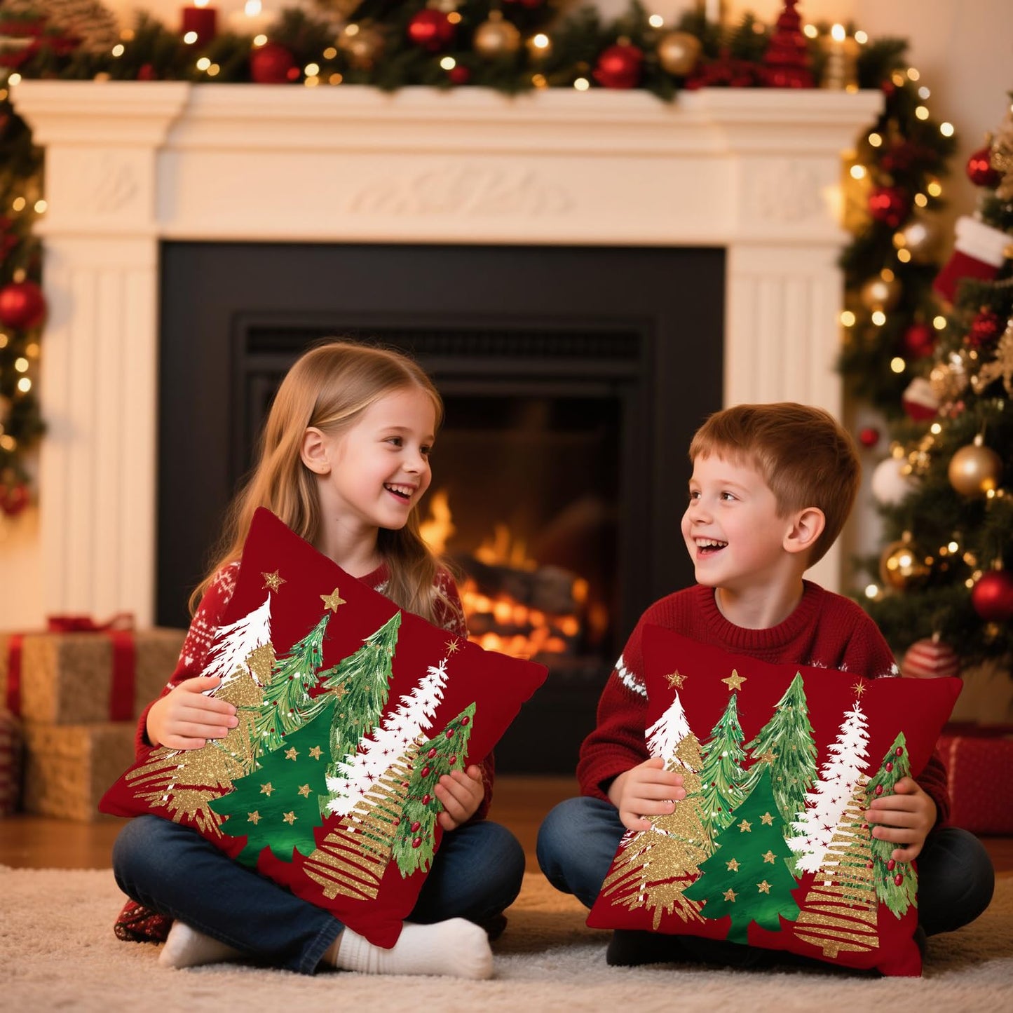Artmag Christmas Tree Pillow Covers 24x24 Inch Set of 2, Decorative Farmhouse Red Pillow Shams Cases Slipcovers for Home Couch Sofa Decorations