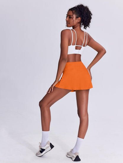 PINSPARK Skorts for Woman High Waisted Tennis Skirt Lightweight Golf Skort Mini Athletic Skirts with Shorts Flowy Skorts for Women with Pockets, Orange XX-Large