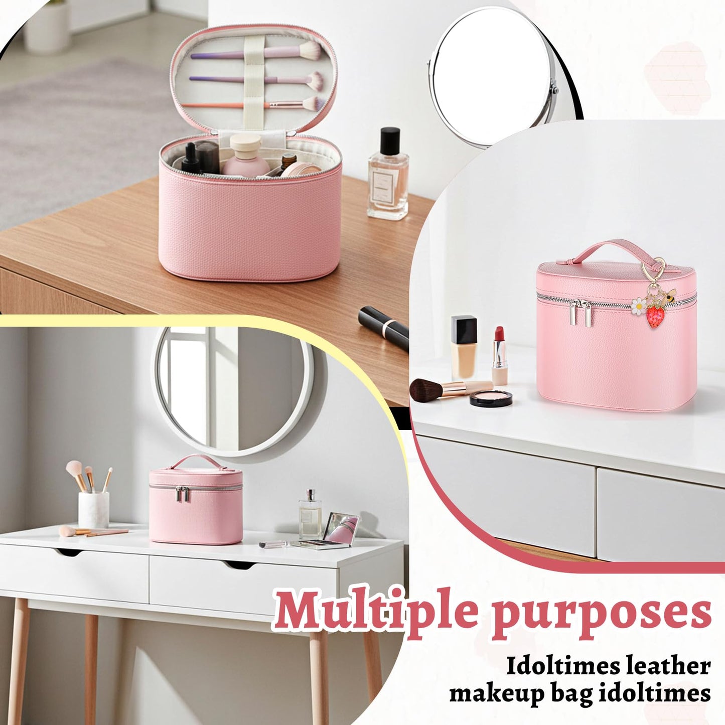 KongTiva Cosmetic Case, Leather Makeup Bag with Keychain Detachable Compartments and Handle Portable Cosmetic Organizer Bags for Women