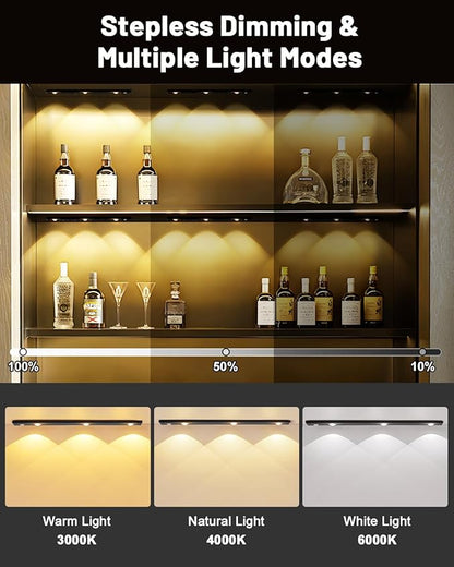 Pak Under Cabinet Lights, Rechargeable Motion Sensor Light Indoor, Wireless and 3-Color Dimmable with Cat’s Eye Hill Effect, for Display Cabinets, Showcases, Wine Racks, 2 Pack, Black