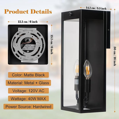 Black Motion Sensor Outdoor Lights 2-Light, 16” Modern Dusk to Dawn Sensor Lights for Outside 2 Pack, Exterior Wall Mount Porch Lanterns Waterproof Outside House Lamps for Garage Yard E12