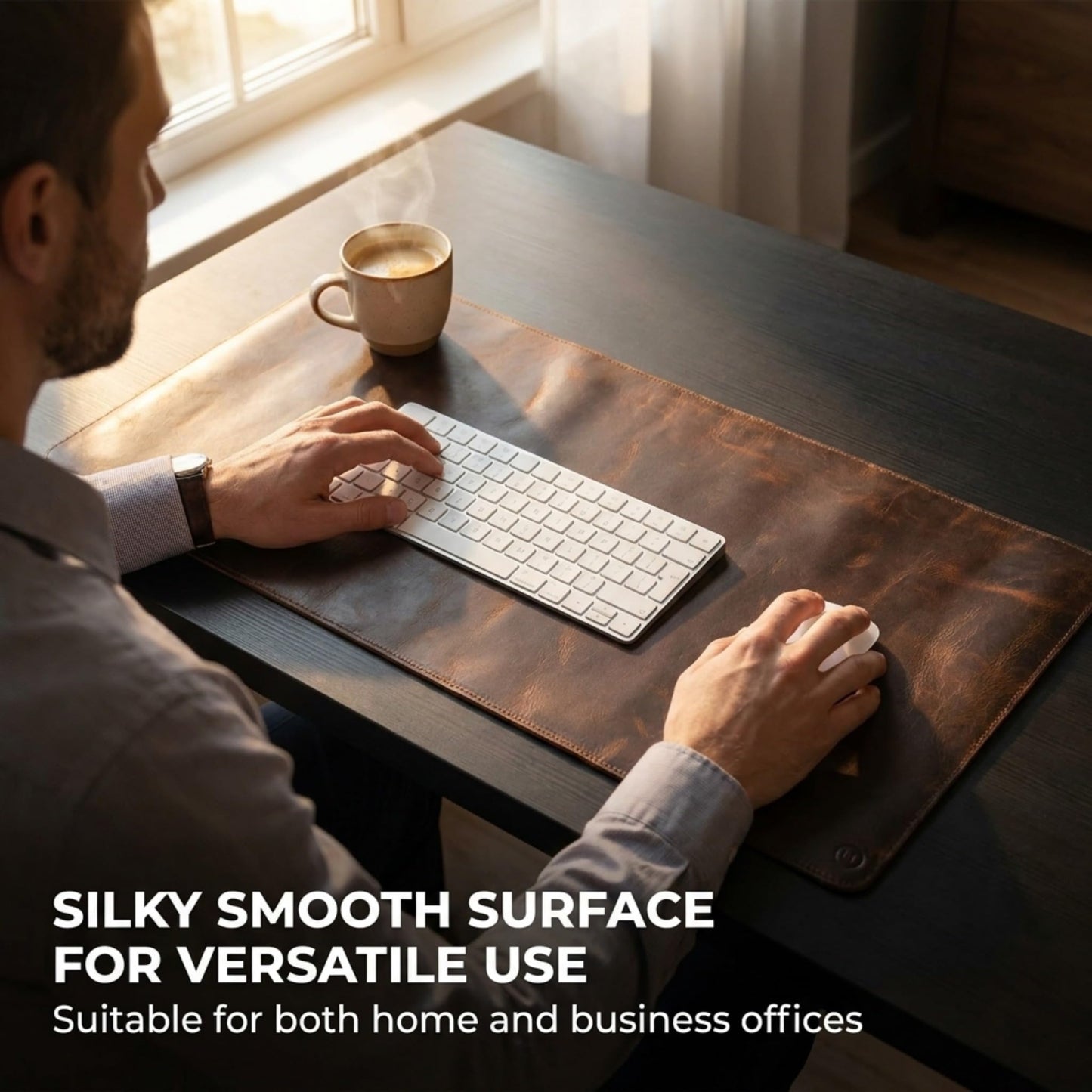 moonster 100% Full Grain Buffalo Leather Desk Pad with Ballpoint Pen & Pen Holder – 31 x 16 in Office Desk Mat, Large Mouse Pad, Non-Slip Desk Blotter, Laptop Table Protector, Desk Cover for Work