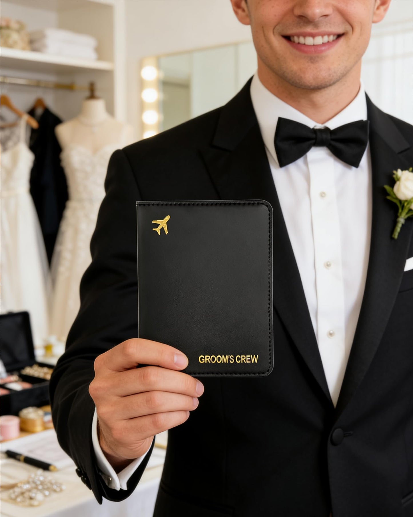 Groomsmen Gifts Passport Holders - Groom's Crew Gold Hot Stamping | PU Leather Travel Wallet | Bachelor Party Proposal Gift for Groomsman