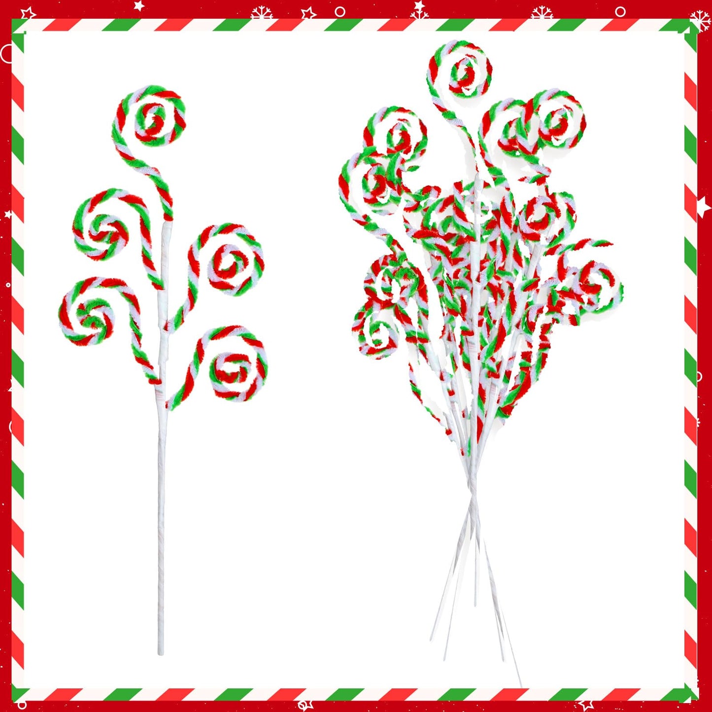 Gerrii 12 Pcs Red Green White Candy Cane Christmas Decoration 16" Tree Pick Peppermint Christmas Ornament Xmas Tree Topper Woolen Curly Lollipop Pick Spray for Holiday Party Vase Wreath Garland