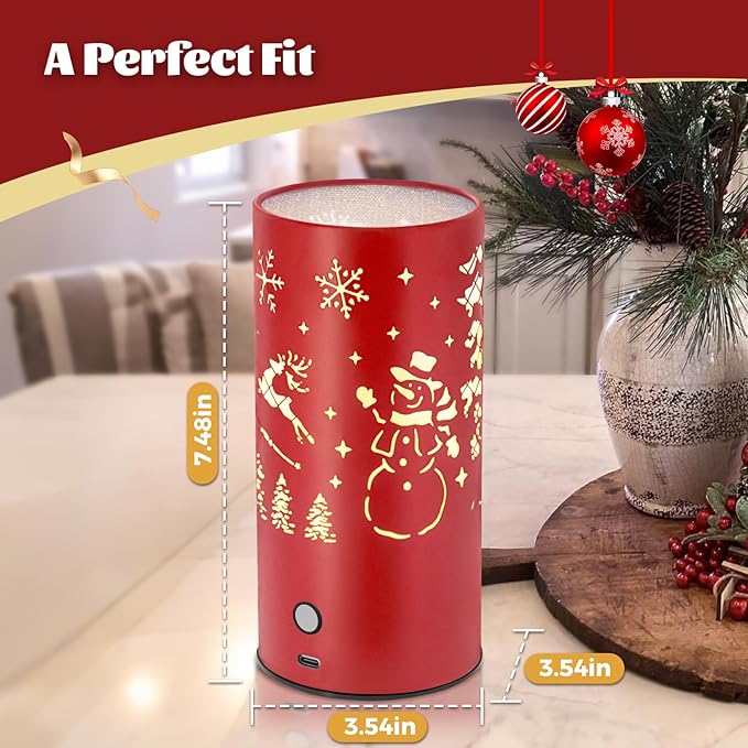 Christmas Table Lamp with Hollow-Out Design - Rechargeable Touch Control Dual Color LED, Warm/Cool White Metal Decor for Home Desk Party, 1200mAh Battery(Red)