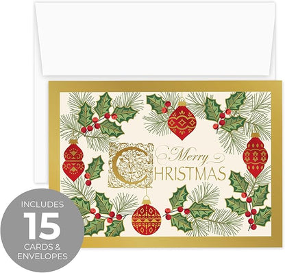 Masterpiece Antique Ornament Christmas Cards / 15 Festive Evergreen Holly Holiday Card Set With Foil Accents And White Envelopes / 5 5/8" x 7 7/8" Winter Greeting Cards With Inside Verse