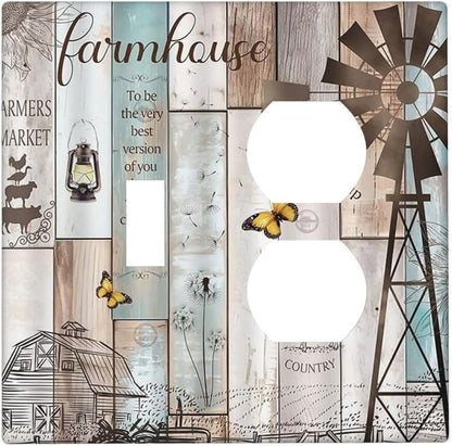 Decorative Light Switch Cover Plate Rustic Farmhouse Colorful Wooden Barn Door 2 Gang Outlet Covers 1 Toggle 1 Duplex Wall Plate Decorate Electrical Switch Plate Covers for Kitchen Home Decor