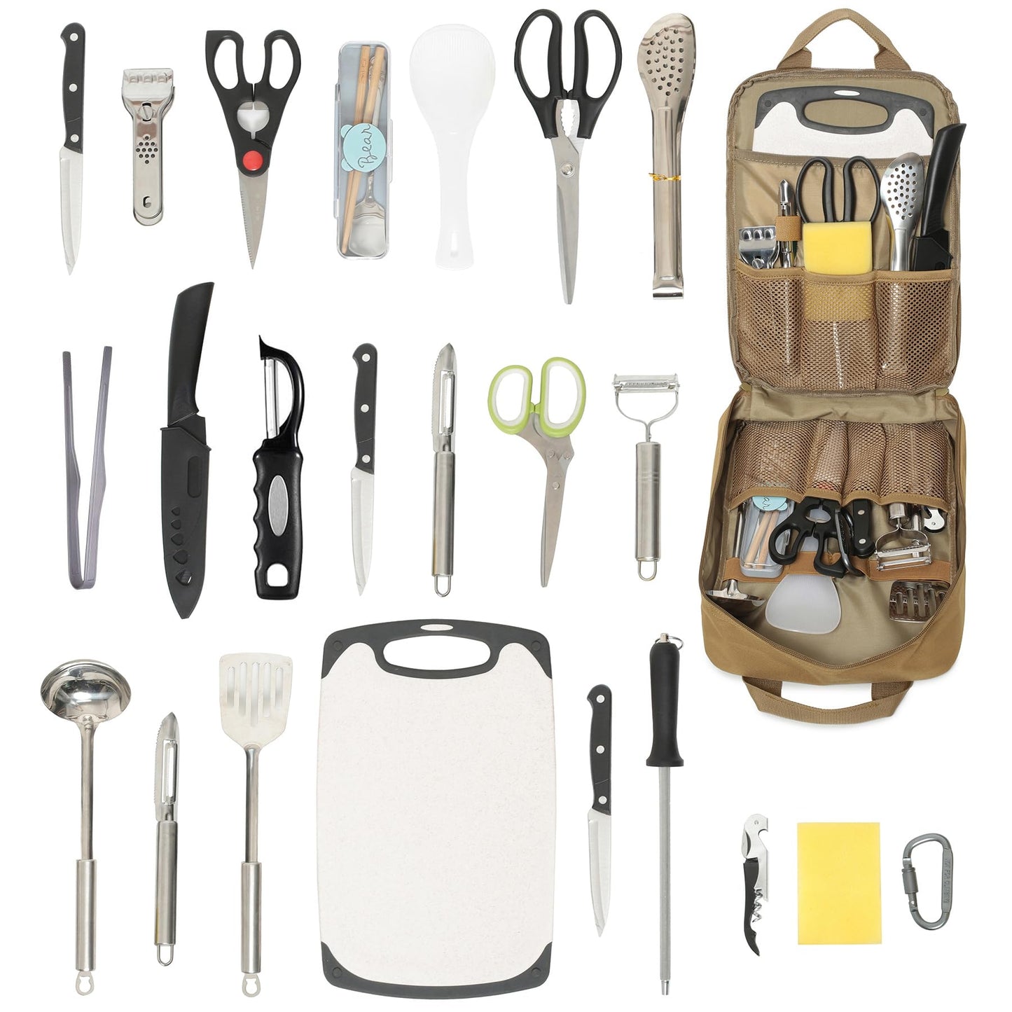Lemubeane Tactical Camp Kitchen Organizer Camping Cooking Utensils Bag for BBQ, Picnic, Travel & Hiking (Khaki)