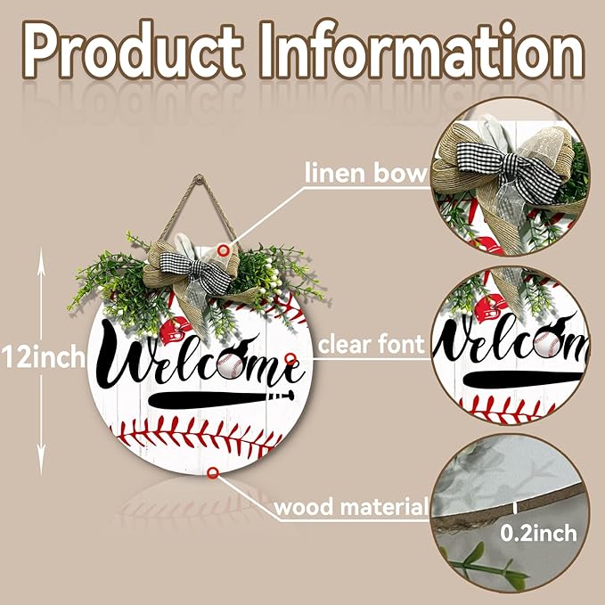 Baseball Door Sign Welcome to the Baseball Game Hanging Sign With Wreath And Bow Baseball Bat Ballfield Round Wooden Front Door Sign for All The Seasons Sport Farmhouse Decor 12x12 Inch