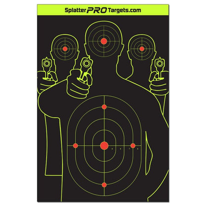 12x18 Splatter Targets. Fully Reactive Targets. See Your Hits and Your Misses! Shots Burst with a Bright Splatter Upon Impact. Instantly See Your Shots. Printed on a Heavy Duty Card Stock.