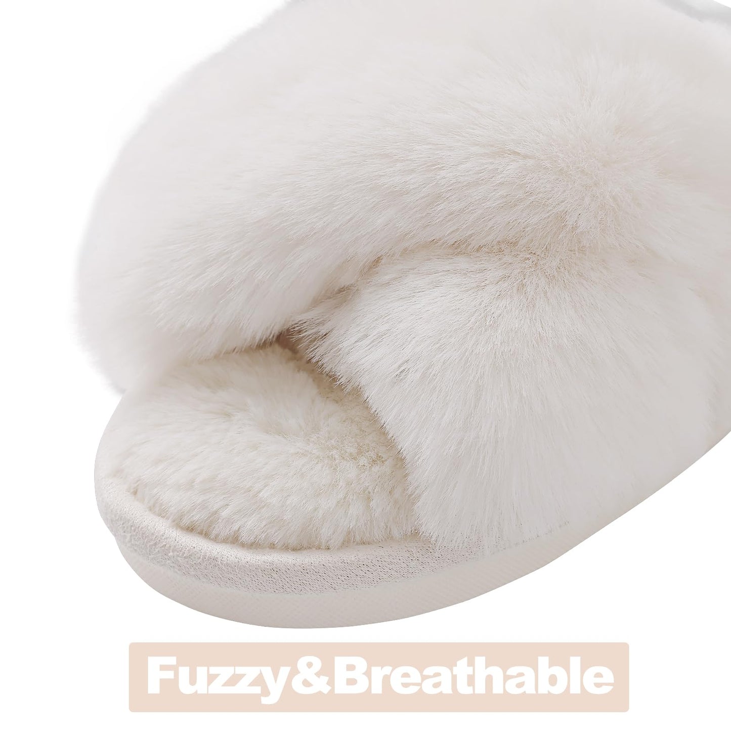 Evshine Women's Fuzzy Slippers Cross Band Memory Foam House Slippers Open Toe Indoor Outdoor Shoes, White, 38-39 (Size 7-8)