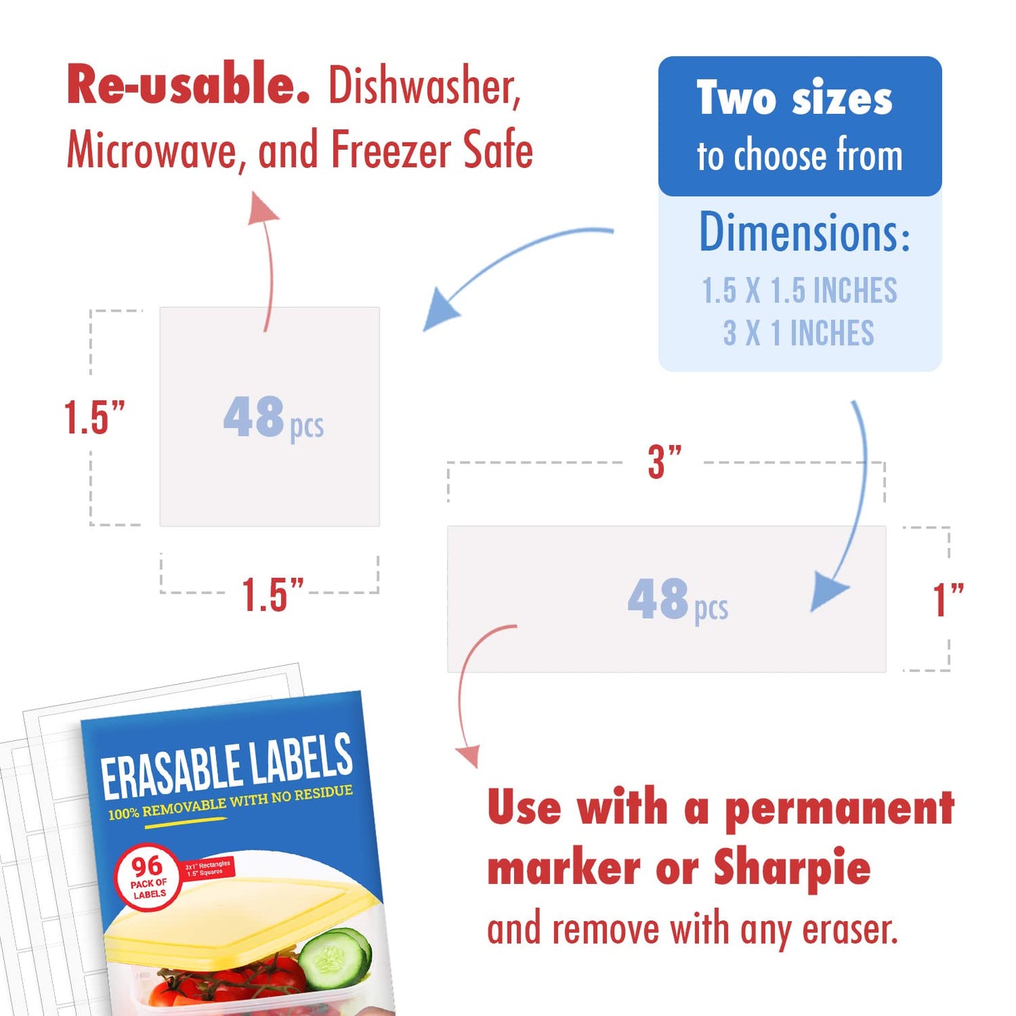 MESS Erasable Kitchen Labels, 96-Pack (1x3 & 1.5") – White Dry Erase Stickers for Pantry, Jars, Food Containers, Fridge & Freezer