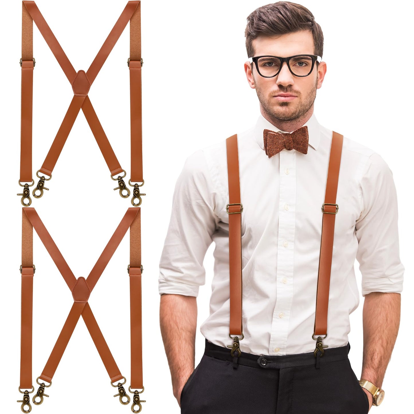 Silicherry 2 Pcs X-Suspenders for men Brown Leather Suspenders Adjustable Back Strap with Swivel Hooks for Jeans Wedding Groomsmen