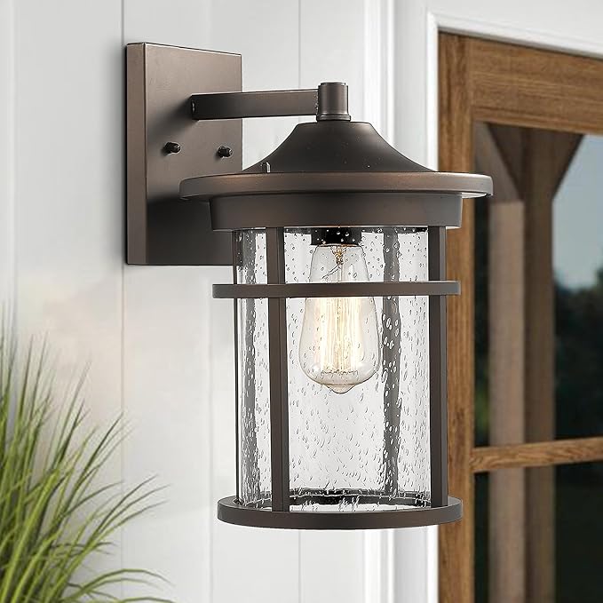 Bestshared Outdoor Wall Mount Light Fixture, Large Exterior Porch Wall Lantern, Outdoor Wall Light with Seeded Glass Shade (Oil Rubbed Bronze, 14" Height)