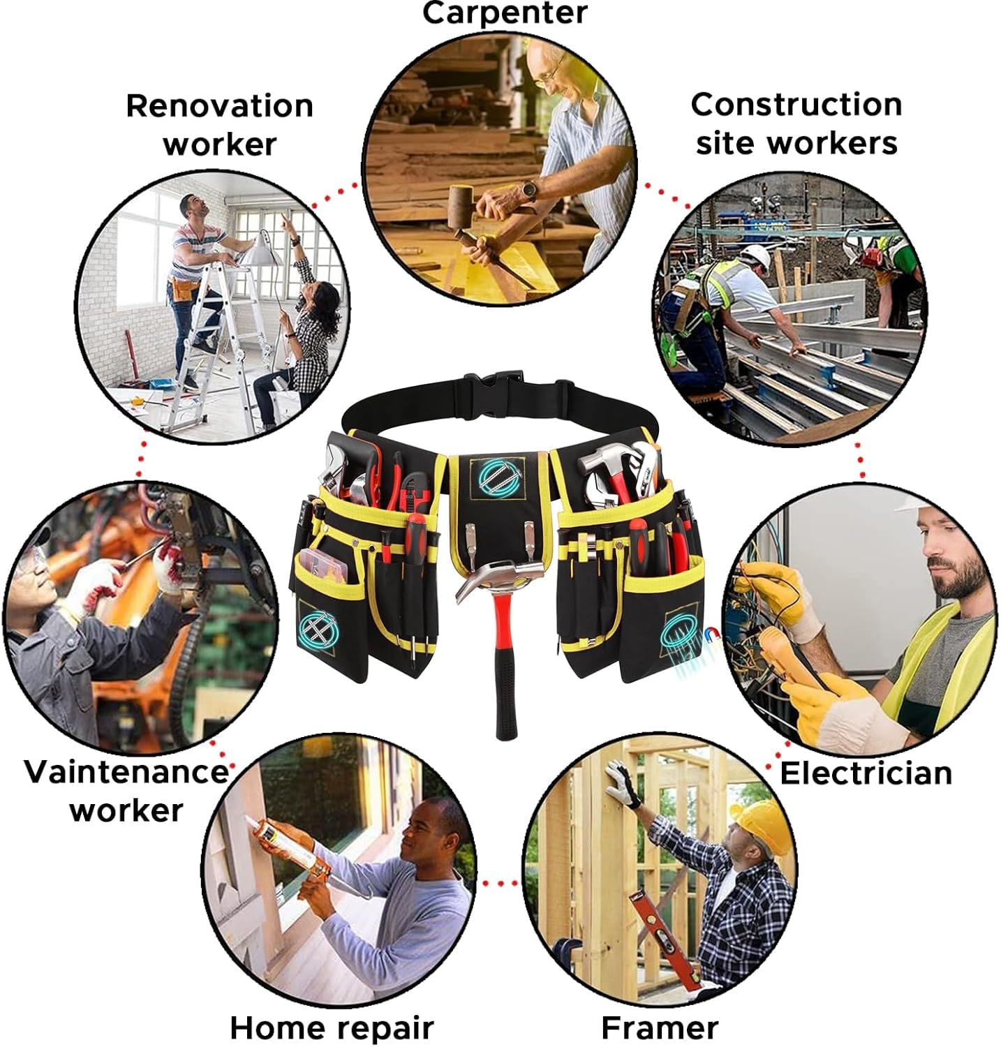 Tool Belt with 27 Pockets and 3 Magnetic Zones, Freely-Combinable, Heavy-Duty yet Lightweight Tool Pouch & Tool Belts for Men: Electricians, Carpenters,DIYers–A Great Gift Fathers and Husbands(Yellow)